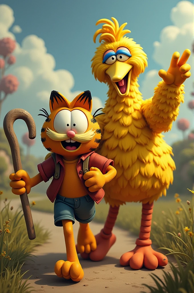 Garfield e Big Bird fugindo de zombies, on a farm.