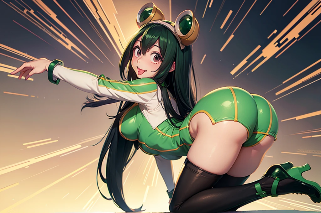 Tsuyu from boku no hero, showing perfect ass, half naked, full body, colorful background, showing tongue, long hair. Wallpaper. 