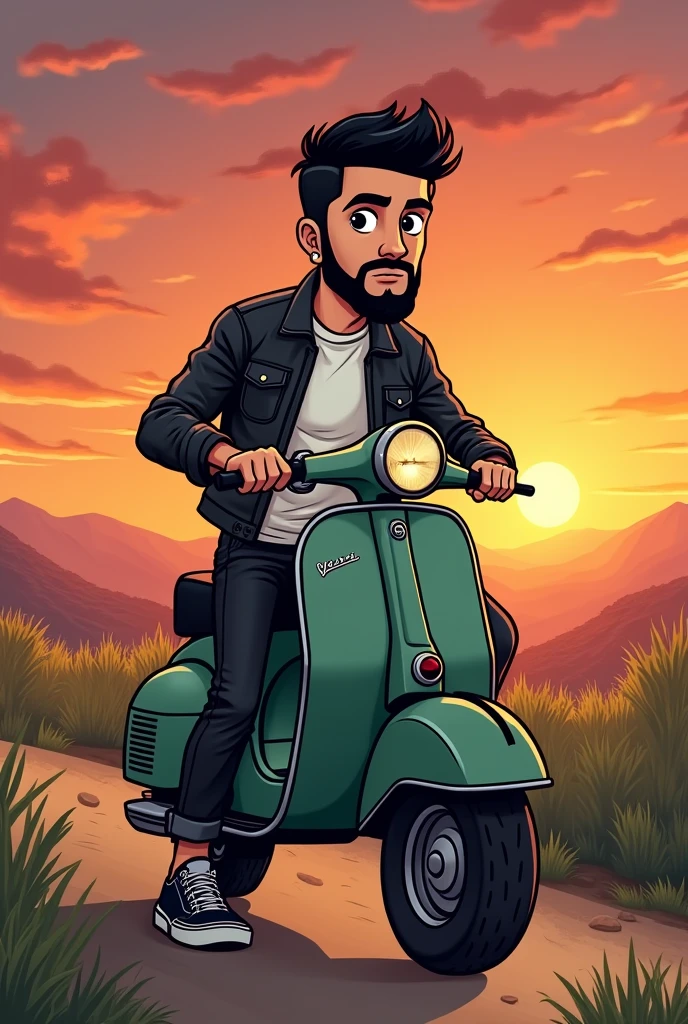 I want a picture of a cartoon-type boy on a classic dark green matte Vespa motorbike, the boy has a full black beard , thin eyebrows, black eyes, short black hair, square face, the photo in a background landscape with a sunset, Biker photo type the guy with a leather jacket and a white t-shirt inside, The black leather jacket half open revealing the t-shirt, black jeans and vans style shoes , the thin boy. He has black rings on both ring fingers of his hands.