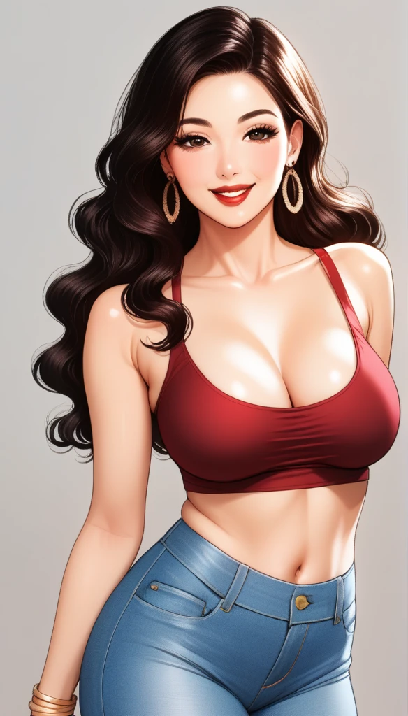 A beautiful mature woman ,crop top ,jeans ,intricate jhumka earrings, detailed alluring eyes, smooth lips, smiling, red lipstick, navel, bangles, saggy breasts, intricate details, short wavy hair
