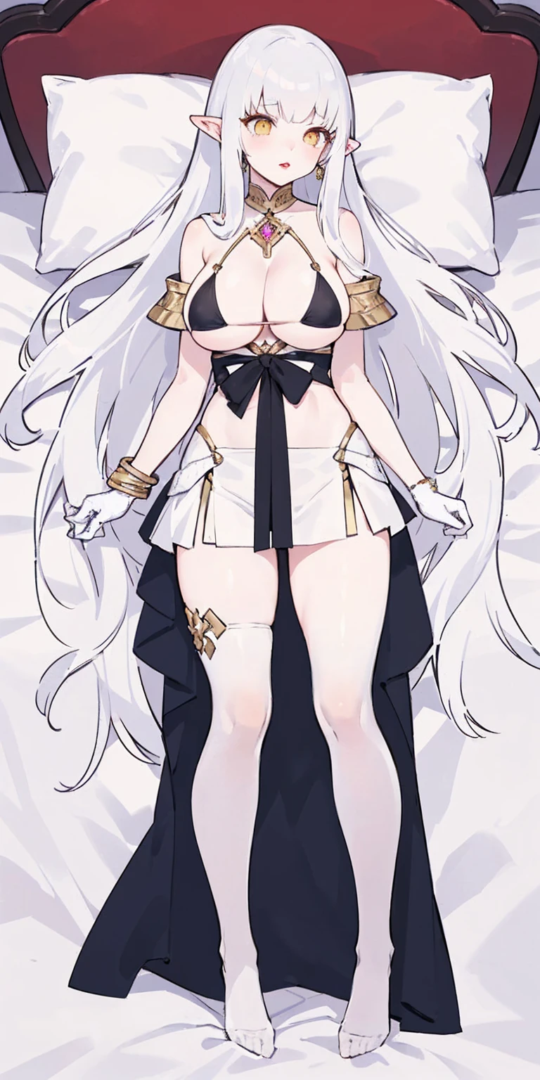 full body standing straight bareoot, long hair, triplets, holding hands on bed, sleeping together, superheroine micro bikini, SFW girl, CHEST COVER, super sexy. best quality, realistic photo, cowboy shot, bedroom background, bed, sheet, pillow (Lysithea von Ordelia) (yellow eyes) white hair, silver hair, very long hair, straight hair, solo, adult woman, tall, slightly muscular, large breasted, cleavage, constricted waist, toned body, slight abs, thin dark skin, pointy ears, lipstick, makeup, black eyeshadow, circlet, white short dress, jewelry, bracelet, white gloves