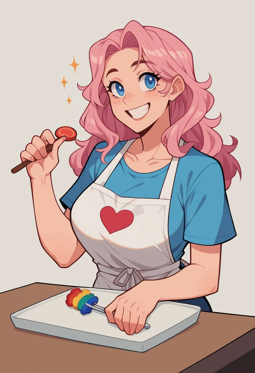 draw basic style, vector line art. Create avatar of  curvy craftswoman girl, very beautiful upper body. Long light pink hair, blue eyes, wide smile, white t-shirt with apron. She is hugged with a charming red irish setter dog. in the table, working with mini houses dioramas. Specific art, fanart, candy color, white background, clipart illustration, simple art, cartoon 2D, no shading