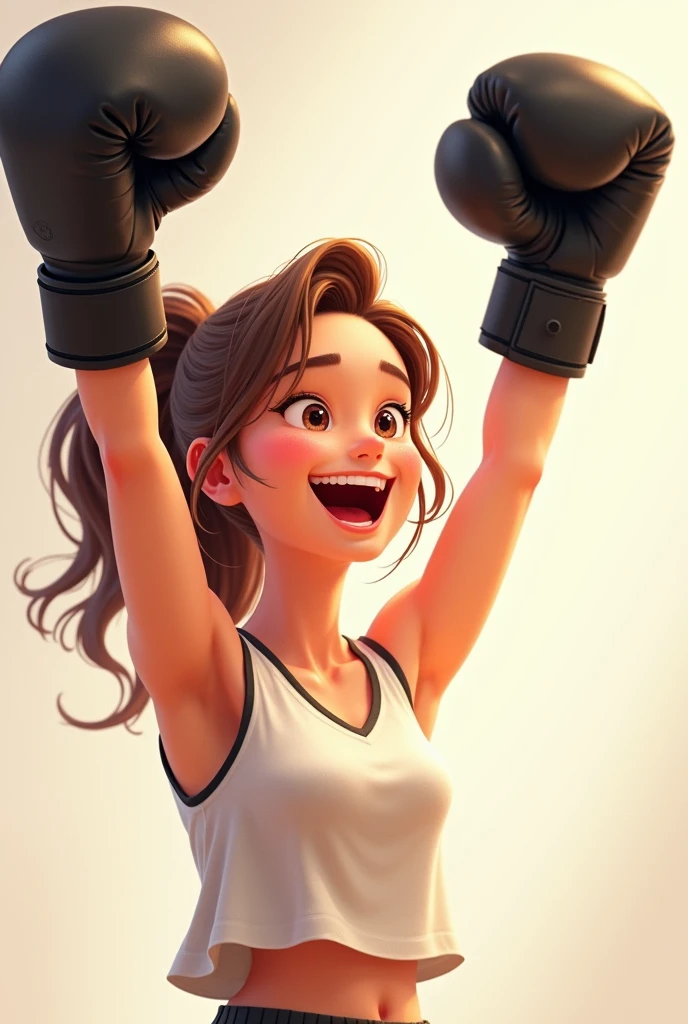 maiden with light hair, high ponytail, brown and almond-shaped eyes, long face, tank top, wearing black boxing gloves, with her hands raised up as she won the fight, happy and smiling animation inspired by pixar