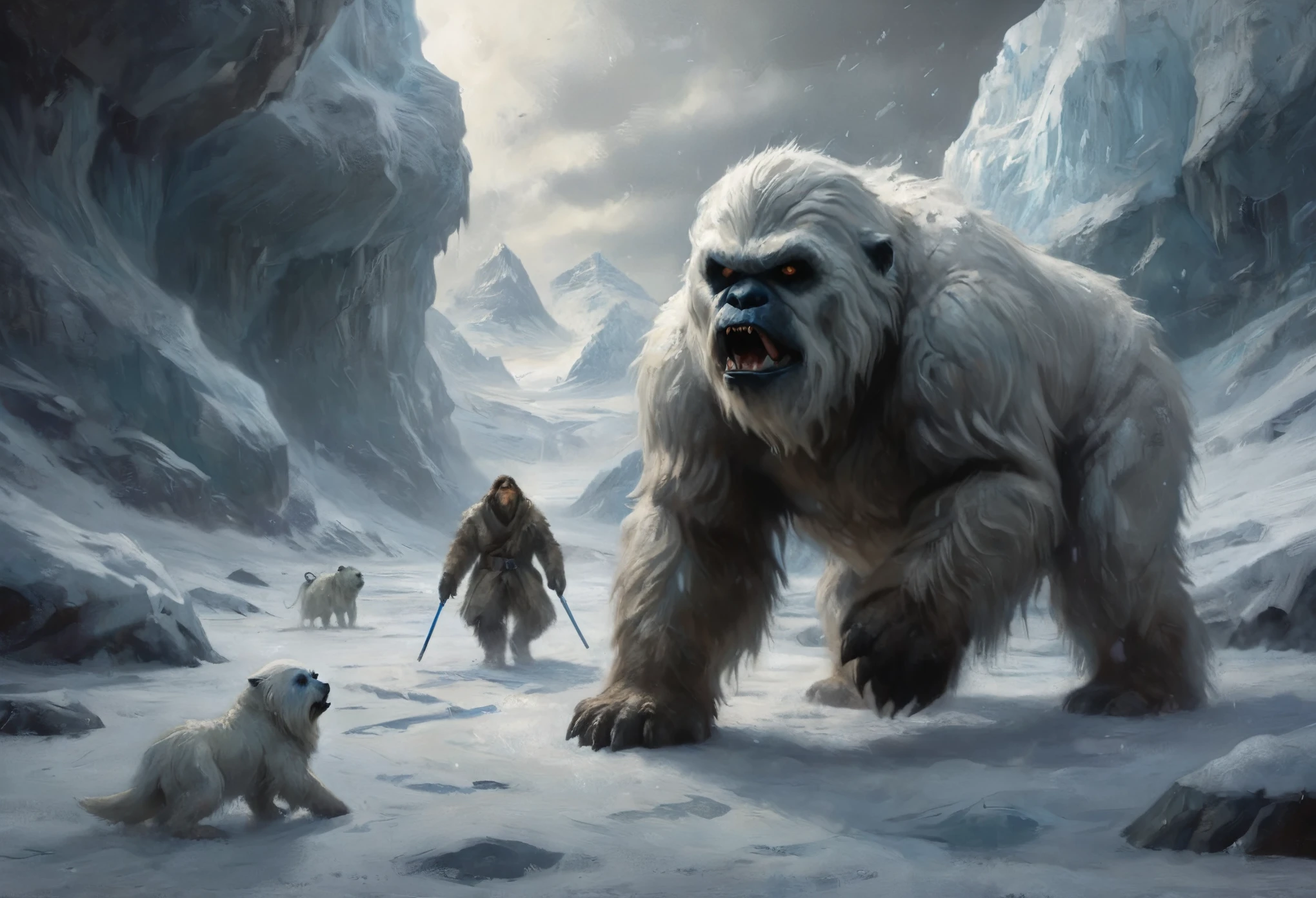 a mighty wampa, star wars, long hair yeti, emerging from ice cave, hunting in snow filled world, hoth, overcast, heavy snow, detailed creature, muscular body, fur covered, sharp claws, glowing eyes, snow covered landscape, icy cave entrance, blowing snow, moody lighting, cinematic composition, (best quality,4k,8k,highres,masterpiece:1.2),ultra-detailed,(realistic,photorealistic,photo-realistic:1.37),cinematic,dramatic lighting,moody atmosphere,epic scale