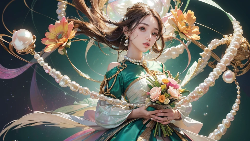 32K, 最高quality, 最高masterpiece, (ultra-Detailed Background, Detailed Background), High resolution, Super detailed, Very detailedな, 1 personの, (bouquet:1.3), (Tangled:1.2), (Geometric:1.2),(colorful),(masterpiece, quality, best quality, Official Art, Beautiful and beautiful:1.2), (1 person:1.3), Very detailed,(colorful:1.1)(Flowers:1.3),Most detailed,(Tangled:1.2), whole body, (Abstract background:1.3), (Skin glows), (Many colors:1.4), ,(Earrings Pearl:1.5), Light green background, It's imaginative., Brunette Hair, Updo, Holding a book, Holding a pen, Satin shirt