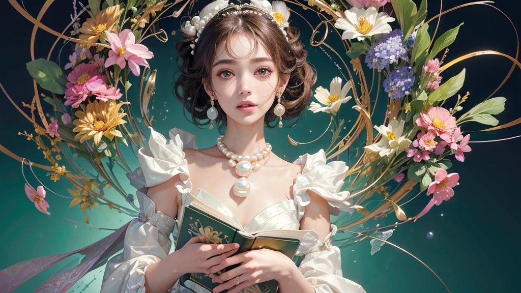 32K, 最高quality, 最高masterpiece, (ultra-Detailed Background, Detailed Background), High resolution, Super detailed, Very detailedな, 1 personの, (bouquet:1.3), (Tangled:1.2), (Geometric:1.2),(colorful),(masterpiece, quality, best quality, Official Art, Beautiful and beautiful:1.2), (1 person:1.3), Very detailed,(colorful:1.1)(Flowers:1.3),Most detailed,(Tangled:1.2), whole body, (Abstract background:1.3), (Skin glows), (Many colors:1.4), ,(Earrings Pearl:1.5), Light green background, It's imaginative., Brunette Hair, Updo, Holding a book, Holding a pen, Satin shirt
