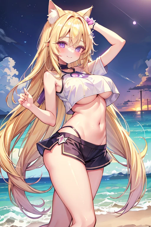 (masterpiece,best quality,ultra-detailed), an anime girl, lively and pretty fashion model. She has blonde-white colored long hair with air bangs , violet colored oval eyes, siamese cat ears and tail, wearing crop top, skort, pose lively like fashion model at the night beach, smiling at viewer
