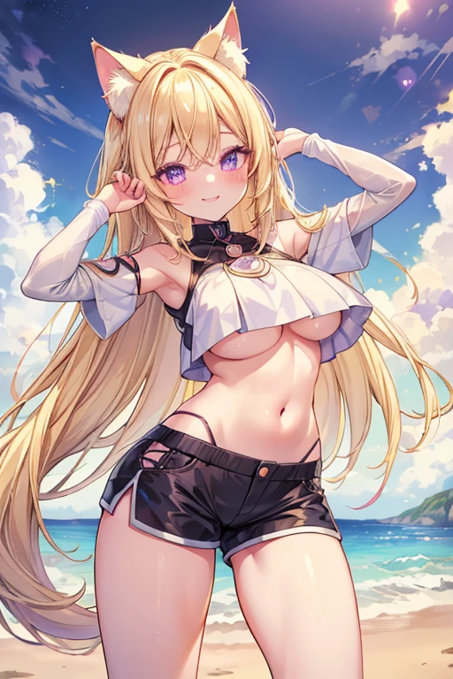 (masterpiece,best quality,ultra-detailed), an anime girl, lively and pretty fashion model. She has blonde-white colored long hair with air bangs , violet colored oval eyes, siamese cat ears and tail, wearing crop top, skort, pose lively like fashion model at the night beach, smiling at viewer