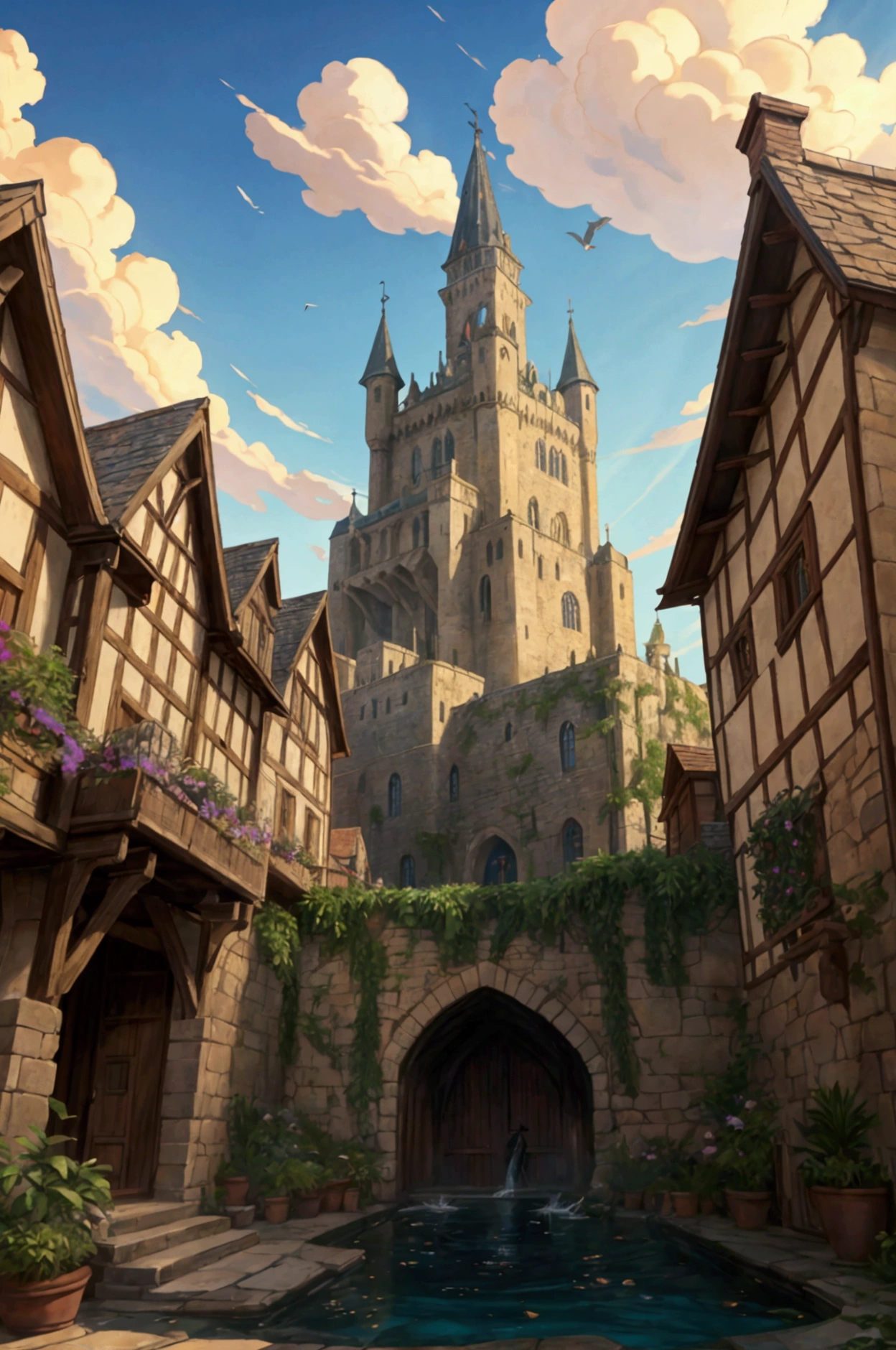 Hairy Macho、4K, Realistic, Very detailed, Wide-angle lens, Wet medieval town, Vibrant, Fantastic plants, Big House, Makoto Shinkai style, Anime Background, Concept Art, (Characters are not displayed), Realistic lighting, A magnificent composition, Spread, (masterpiece, Highest quality), Super HD, 32K --v 6