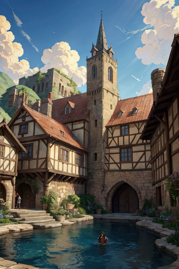 Hairy Macho、4K, Realistic, Very detailed, Wide-angle lens, Wet medieval town, Vibrant, Fantastic plants, Big House, Makoto Shinkai style, Anime Background, Concept Art, (Characters are not displayed), Realistic lighting, A magnificent composition, Spread, (masterpiece, Highest quality), Super HD, 32K --v 6