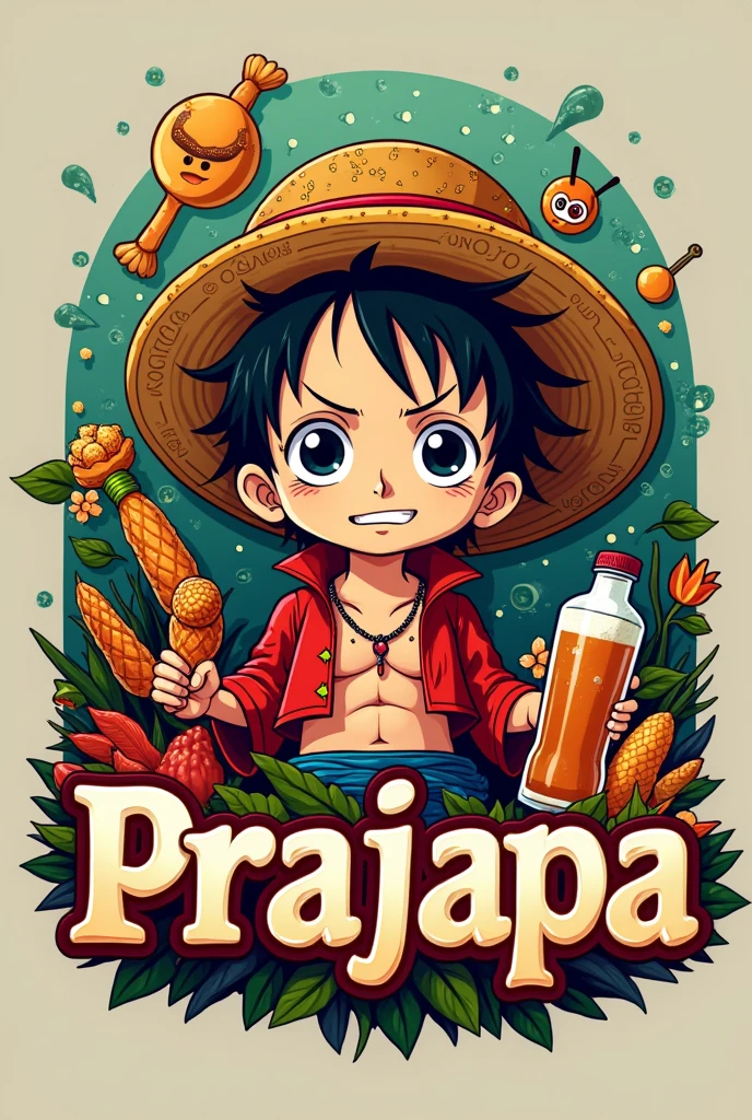 Create a logo with design references "One piece" for a restaurant with oriental characteristics, Italian Pastry Mass, Indian spices, Brazilian family, store name written "PraJapa" and a bottle of beer. Four characters: a woman with tied-up coppery blonde hair and amber eyes, a Japanese man with shoulder-length black hair holding a baby girl and a child with dark blonde wavy hair with highlights.