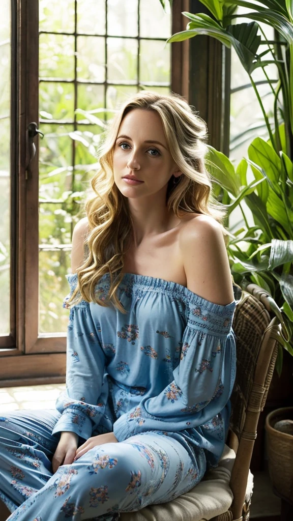(photorealism:1.2), beautiful woman, Sitting on the bed, wearing a loose off-the-shoulder blouse, Pajama pants, Long curly dark blonde hair, blue gray eyes ,inside, Soft lighting, Plants in the background, window with sunlight, comfortable room, relaxed pose, realist, intricate details, warm colors, Lt. Greg Rutkowski, by Alphonse Mucha