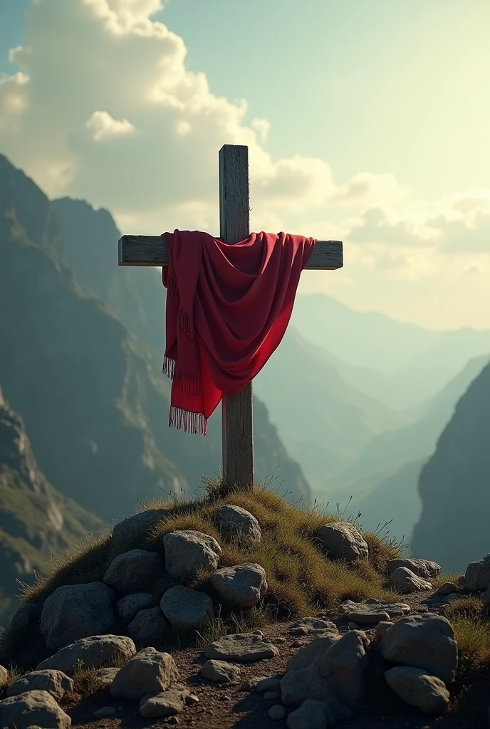 Create a cross, with a red cloth, and write the name children of the promise in Portuguese in the shadow as if we were facing the cross on the mountain, logo