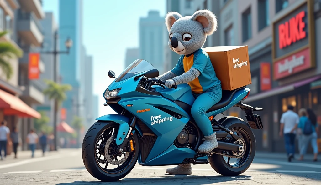 In the middle of the scene, place a delivery motorbike and write “Free Shipping” on top and next to it, make the koala mascot with the blue outfit leaning with its back in the right corner..