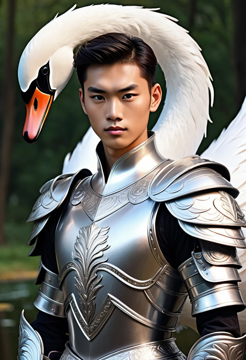 A young man in silver metallic armor, Cel animation style, Swan carvings are designed on the armor., I can see your real face, Armor in the shape of a swan&#39;s wing, Blond long hair man, Long Hair, Silver armor over blue clothes, Super beautiful image quality, Professional painter, Highest quality, 1, Saint Seiya, Saint Seiya,