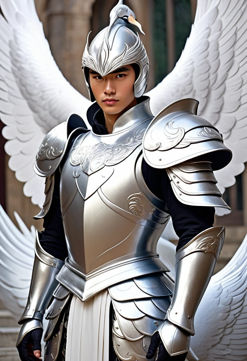 A young man in silver metallic armor, Cel animation style, Swan carvings are designed on the armor., I can see your real face, Armor in the shape of a swan&#39;s wing, Blond long hair man, Long Hair, Silver armor over blue clothes, Super beautiful image quality, Professional painter, Highest quality, 1, Saint Seiya, Saint Seiya,