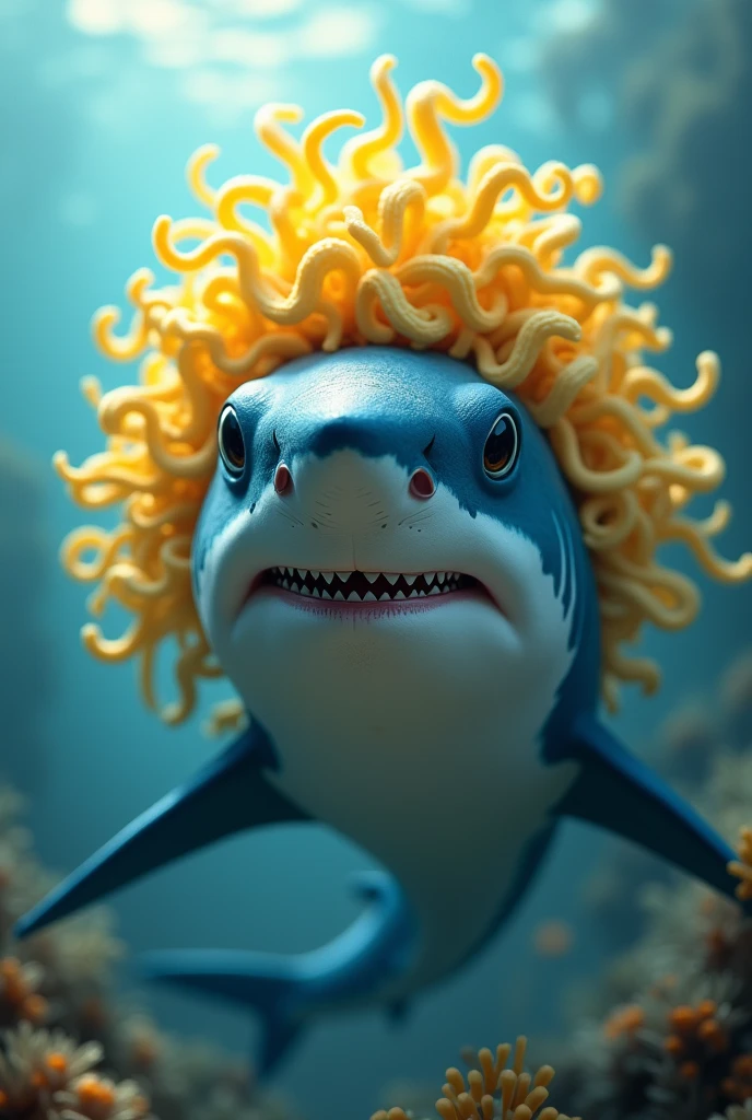 a blue and white shark with curly corn hair 