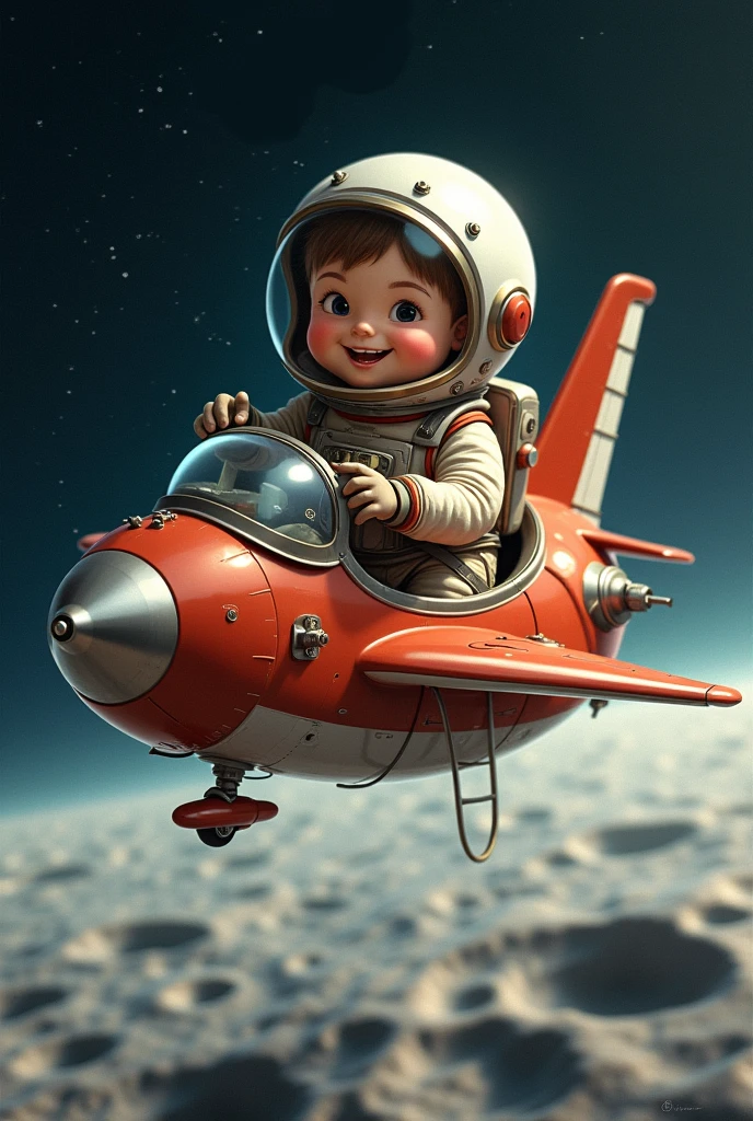 Draw me a picture , The chubby boy is an astronaut who flies a plane into space., landing on the moon