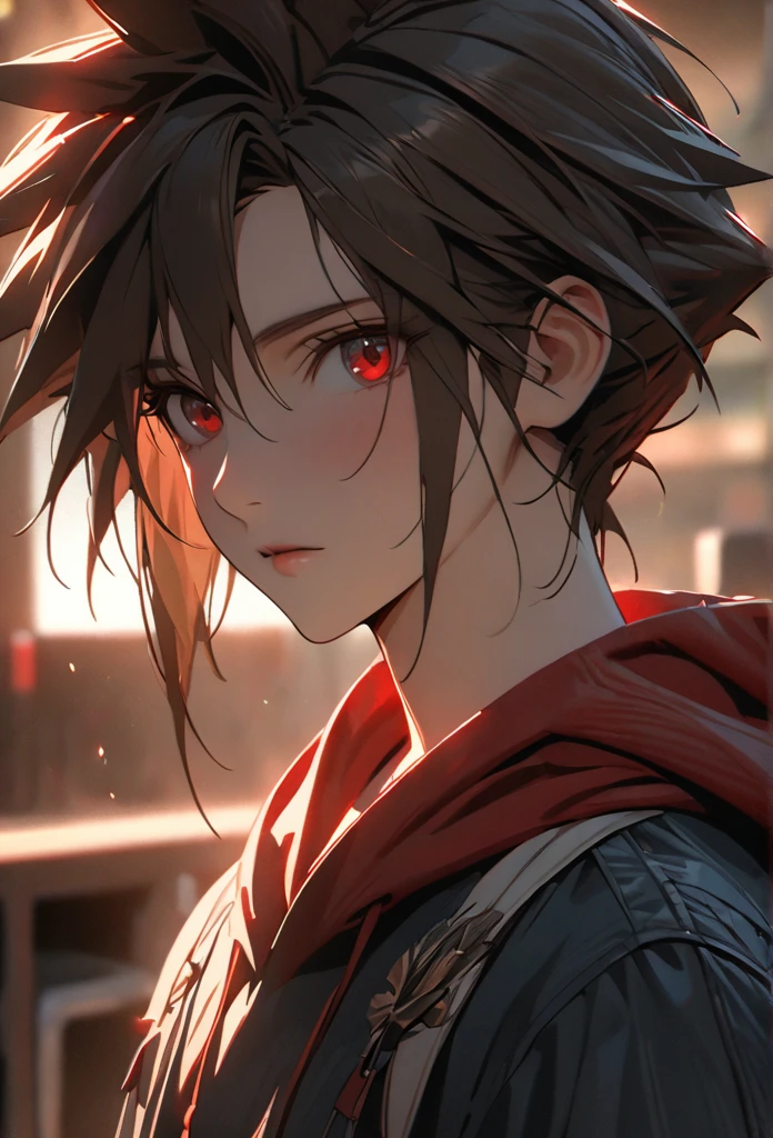1boy, brown hair, hair likes cloud strife, red hoodie, blue jeans, pretty, tall, emotionless, middle long, red green eyes, high detail, masterpiece, super detail, high details, high quality, best quality, pretty, tall, emotionless, ((male face)), handsome, solo, looking at viewer, light, 4k quality,cinematic lighting, ray tracing, depth of field, cinematic lighting, ray tracing, UHD, high details, best quality, highres, high quality, award winning, super detail, masterpiece, 8k, UHD, high details, best quality, highres, high quality, award winning, super detail, masterpiece, 8k, digital art, anime coloring, full body, body shot, good face, perfect face, detailed face, good eyes, lab background, science lab,