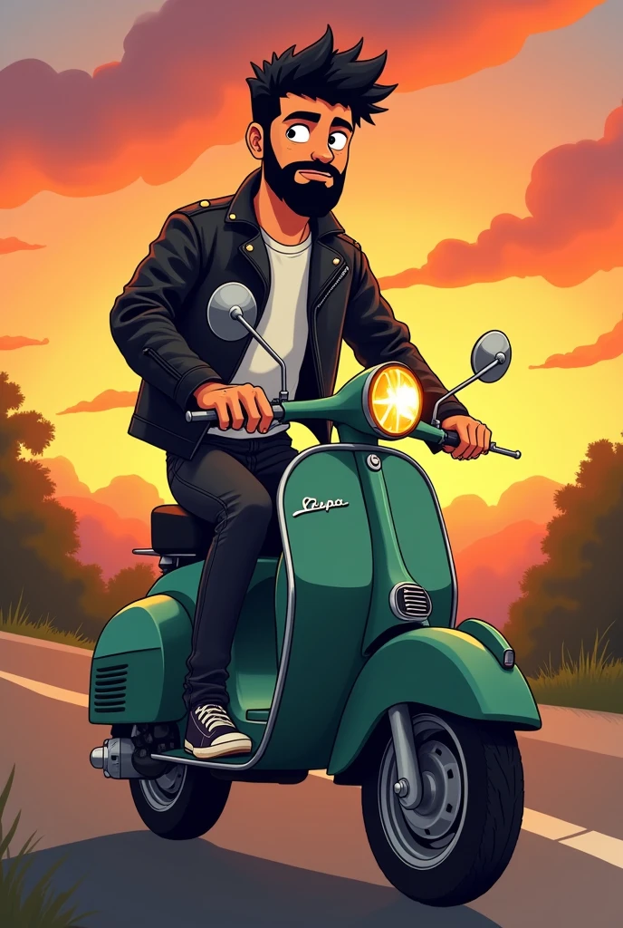 I want a picture of a cartoon-type boy on a classic dark green matte Vespa motorbike, the boy has a full black beard , thin eyebrows, black eyes, short black hair, square face, the photo in a background landscape with a sunset, Biker photo type the guy with a leather jacket and a white t-shirt inside, The black leather jacket half open revealing the t-shirt, black jeans and vans style shoes , the thin boy. He has black rings on both ring fingers of his hands.