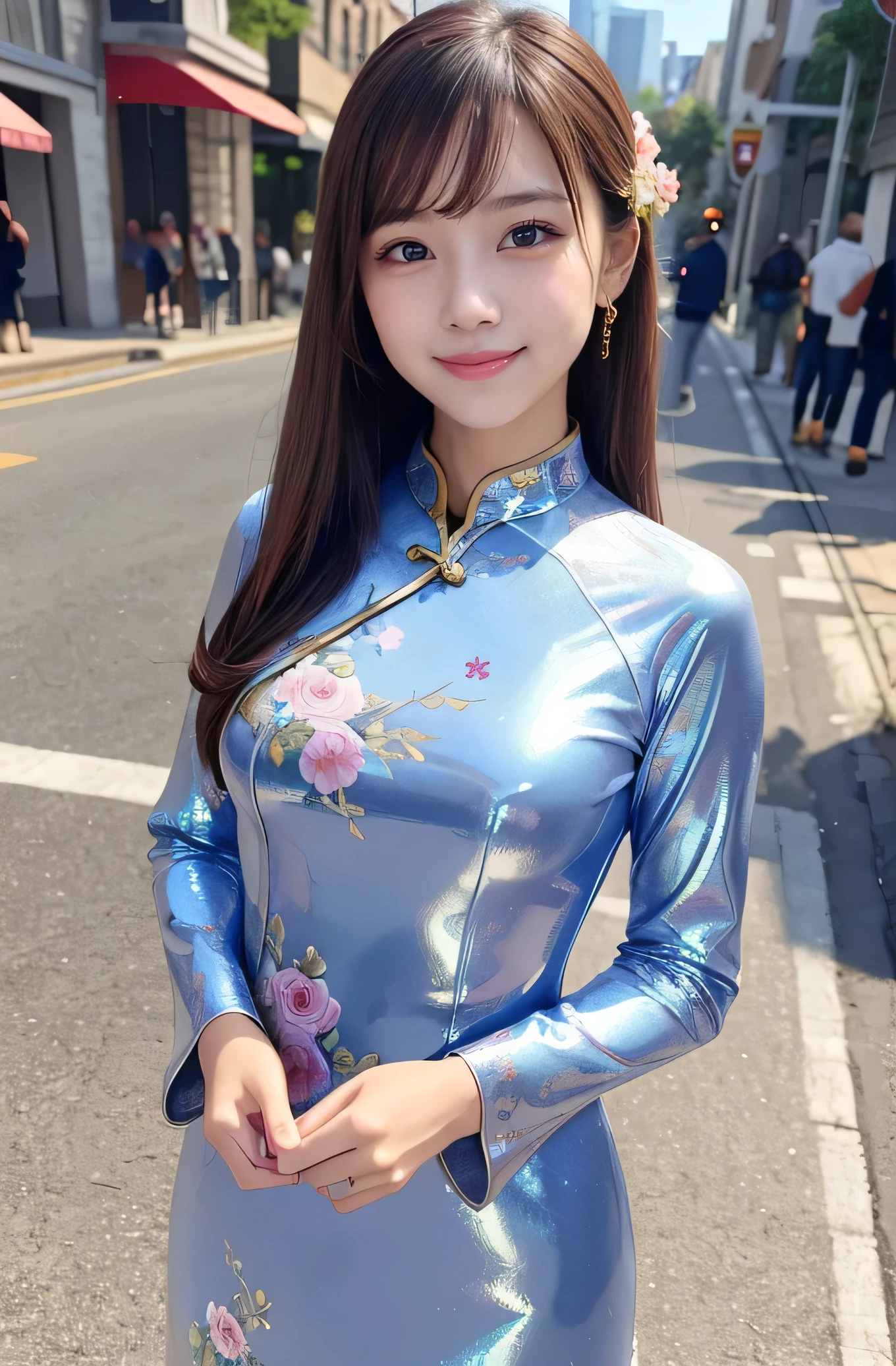very cute girl, super cute face,clear attractive eyes, detailed Beautiful eyes,smiling,(realistic photograph), Super shiny metallic gorgeous vivid colored latex long sleeves cheongsam, flowers pattern design cheongsam,
Costume lighting,in the street