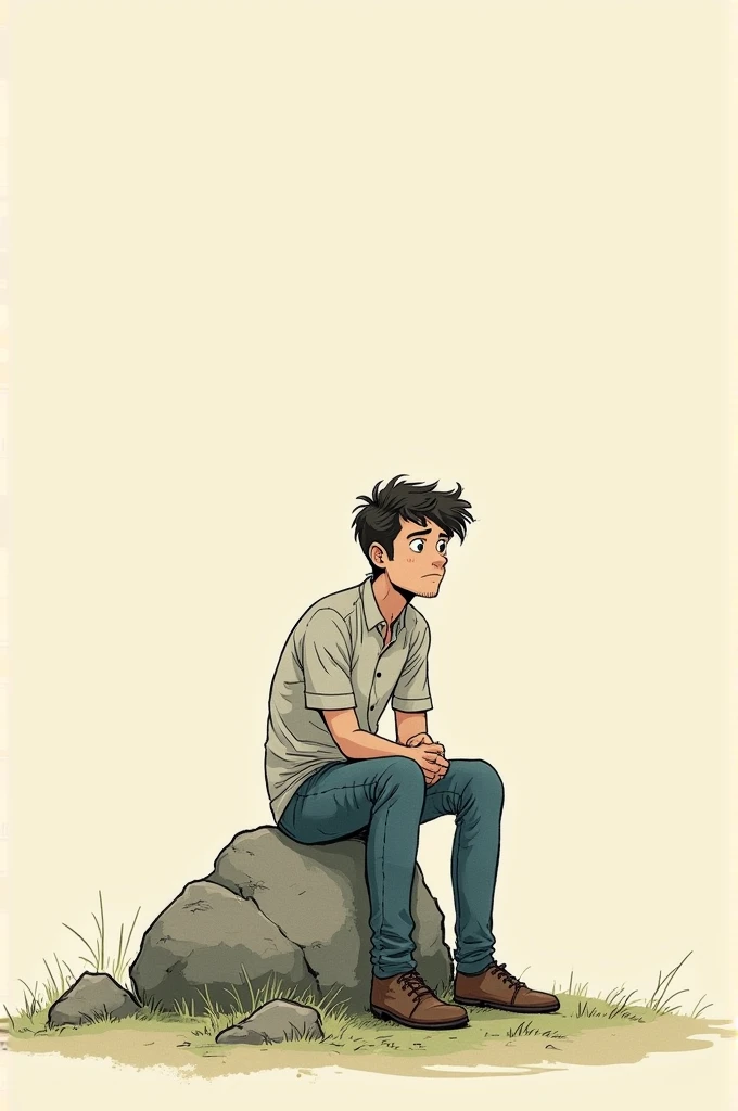 Man sitting on a rock thinking doodle style drawing without so many details and older