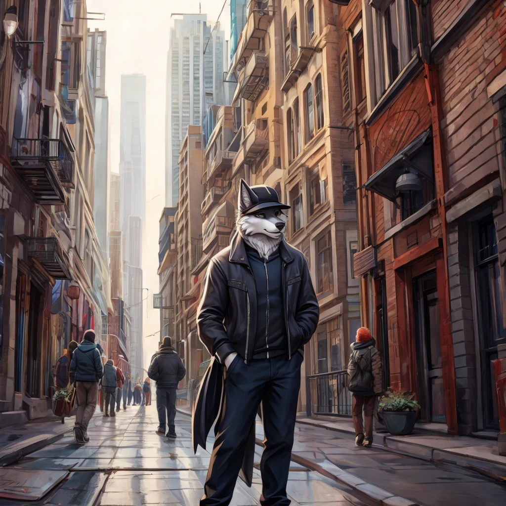 Urban Wolf Drawing in Grey, dressed like 80's rappers