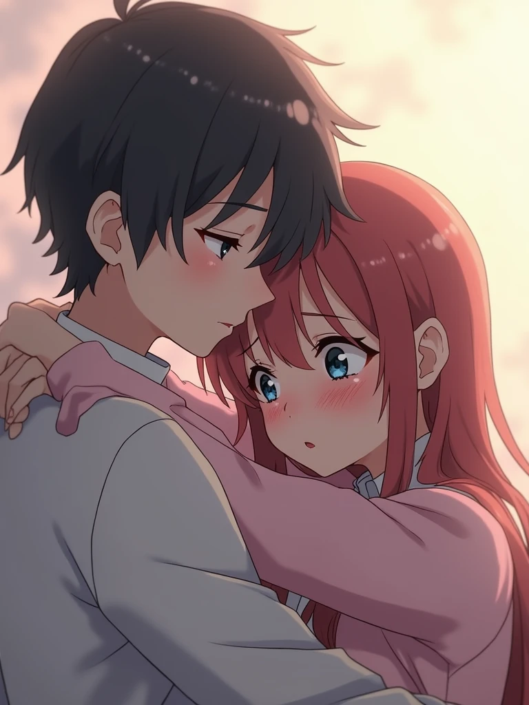 A sad anime couple in a tender embrace, with one person crying on the other's shoulder. Both characters have tearful, expressive eyes, showing deep emotion. The scene captures the sorrowful moment in a delicate, muted color palette, evoking a soft and gentle anime style