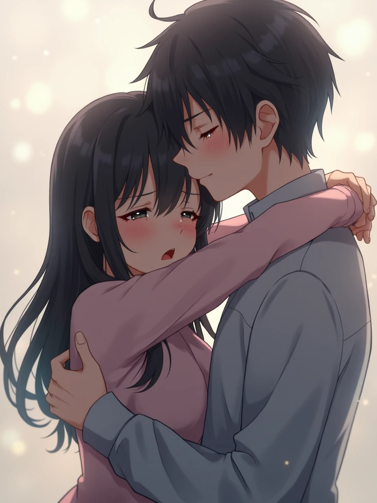 A sad anime couple in a tender embrace, with one person crying on the other's shoulder. Both characters have tearful, expressive eyes, showing deep emotion. The scene captures the sorrowful moment in a delicate, muted color palette, evoking a soft and gentle anime style