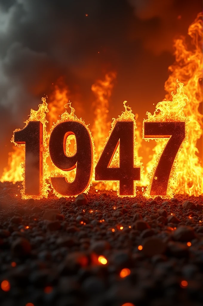 Generate an image writing "1947" and fire burning in the background