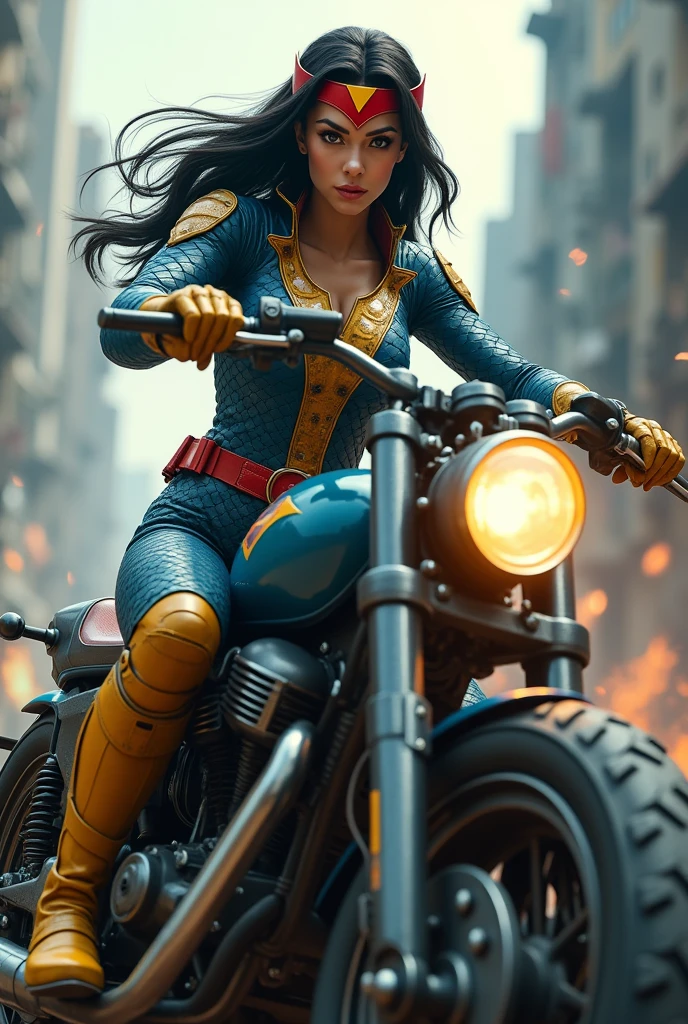 (((In extreme close-up a beautiful woman with long black hair ((((((Red V-shaped diaema with a yellow v in the center of the diaema ))))))Under the cloak of Big Barda light eyes her superheroine costume is samurai themed. Her usual costume is a blue leather jumpsuit with scales all over the suit and a gold armor corset over her jumpsuit, thick red belt, burnt yellow boots and gloves on a large, high-cylinder futuristic motorcycle in an apocalyptic city with a lot of destruction.))),(((without cape))),(((side preview))),