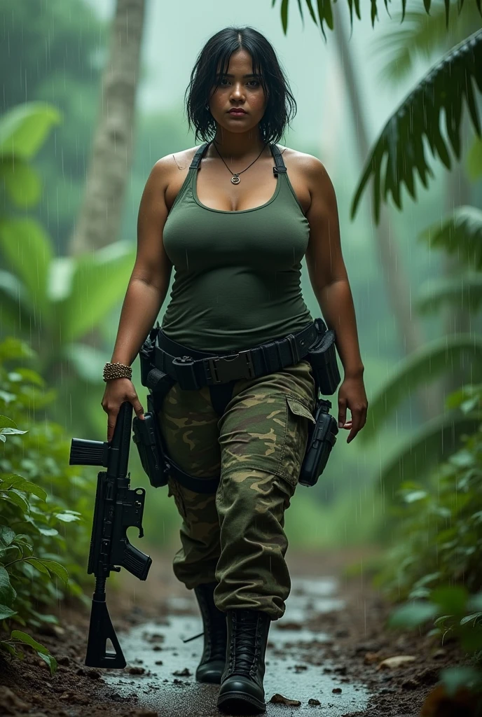 A beautiful indonesian women, a bit chubby, huge beasted, droopies breasts, wet tied bobcut hair, wear wet tanktop, wear tactical camouflage pant, tactical boots, holding a m16 gun, serious face expression, walking in the jungle under the rain, realistic photography, natural light, 