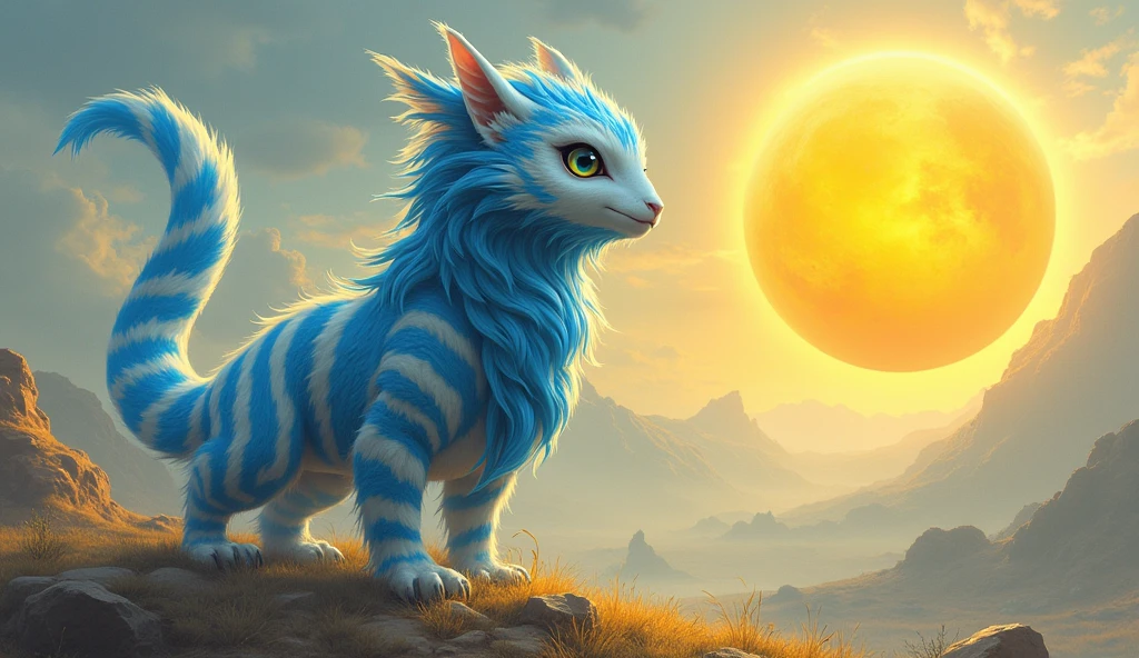 Uruguay as a southamerican League of Legend creature in striped light blue and white colors with a yellow sun. Intricated clothing. Cinematic Fantasy sci-fi landscape background