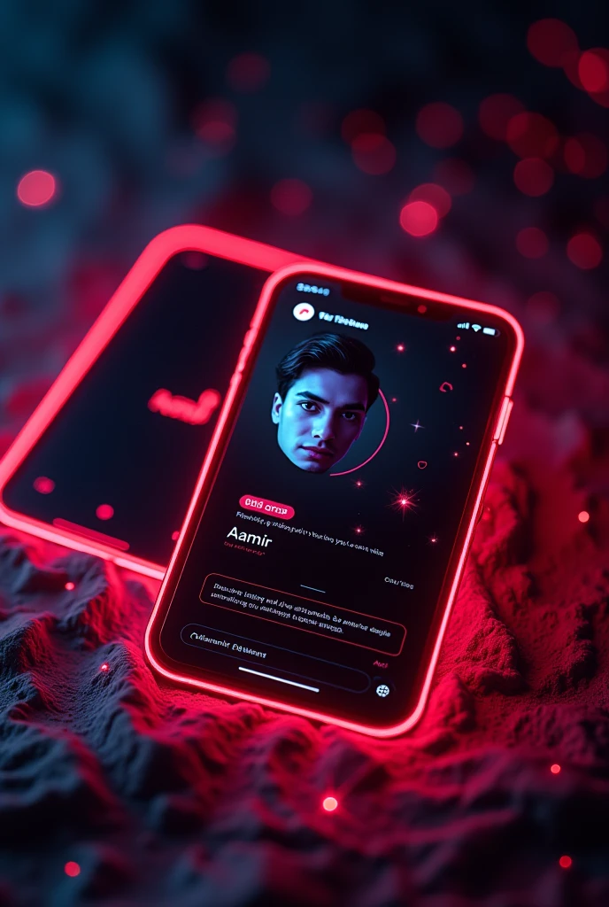 A digital card displaying a TikTok id with a similar design to the provided the reference image.The card should feature a young person's portrait a circular frame on the left side, with the tiktok logo and the text your id name Aamir and your followers on the right side.The card should have a neon red outline and a dark background, similar to the reference image.