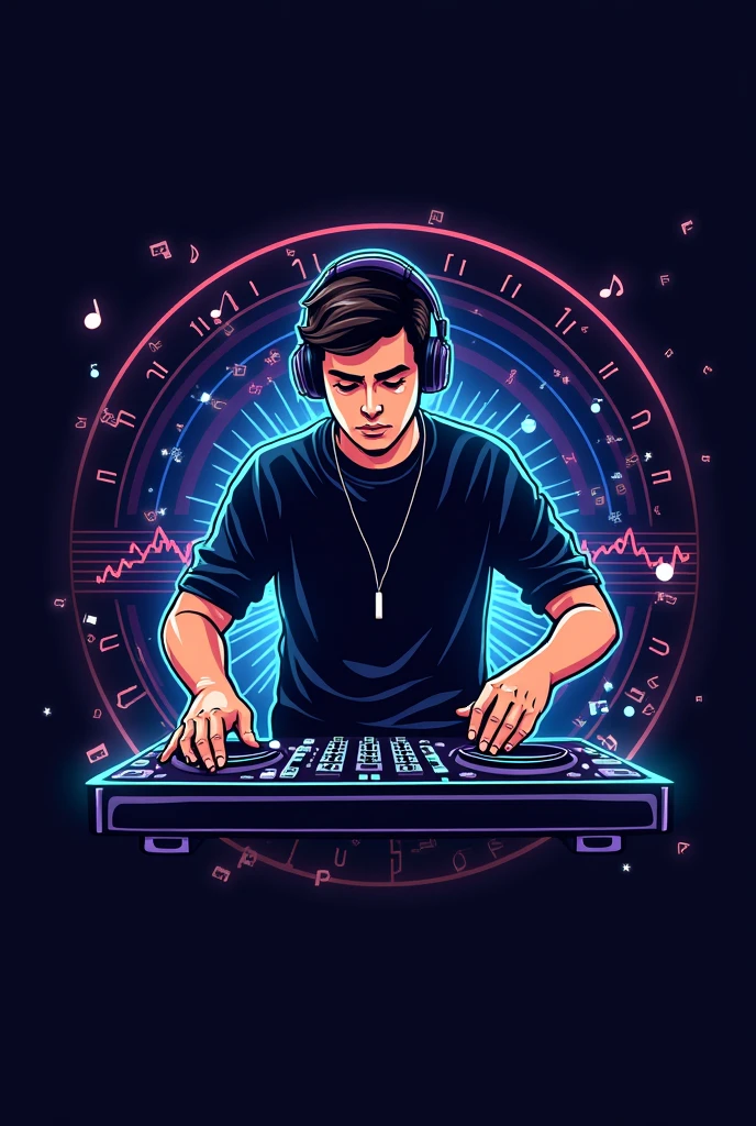 A logo "Esteban DJ" with background music signs a boy mixing