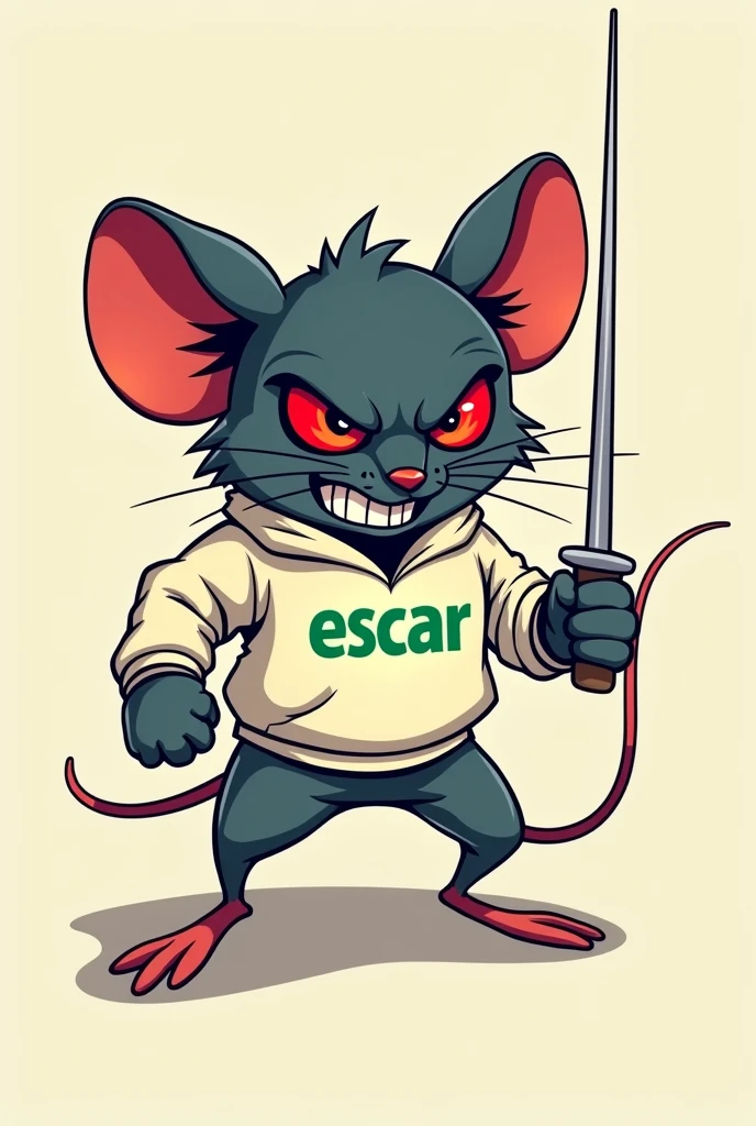 Create me a logo of an angry mouse with red eyes and a sweatshirt that says escar and that is a fencer and that says escar in green