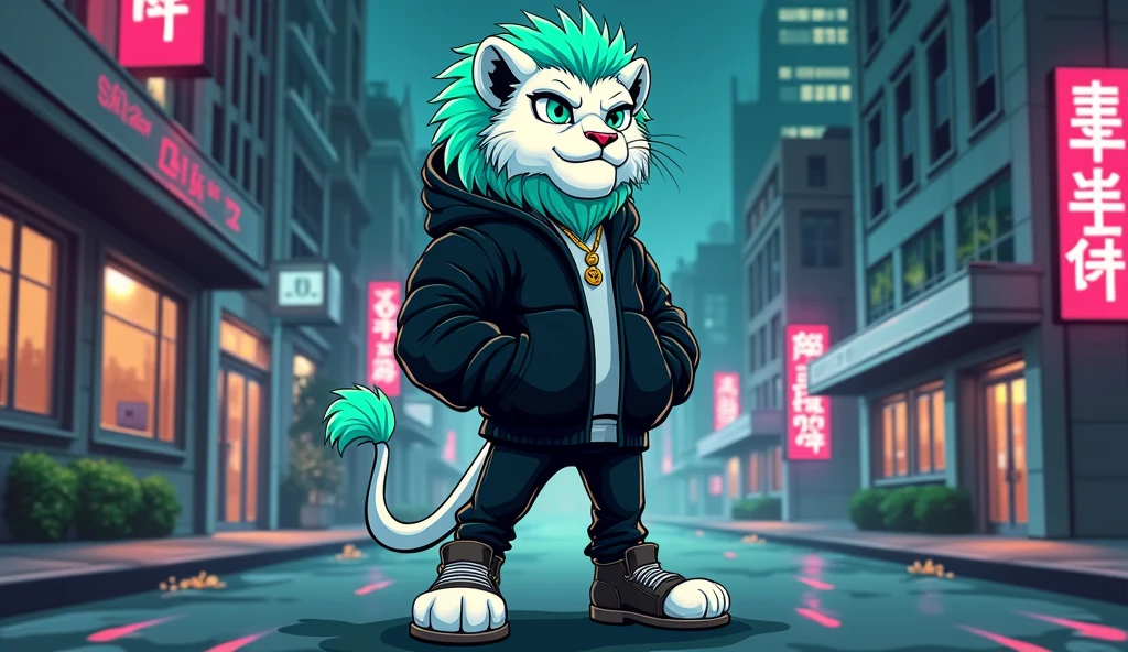 White lion with aquamarine green mane and aquamarine green eyes in a cartoon style, dressed in a black jacket and black pants, looking like a rapper standing on two legs on the street at night with an urban background that gets publicity.