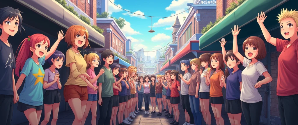 a street full of people cheering , facing the camera, standing at one side, a crowd cheering on a street, anime style , anime background, fantasy style,