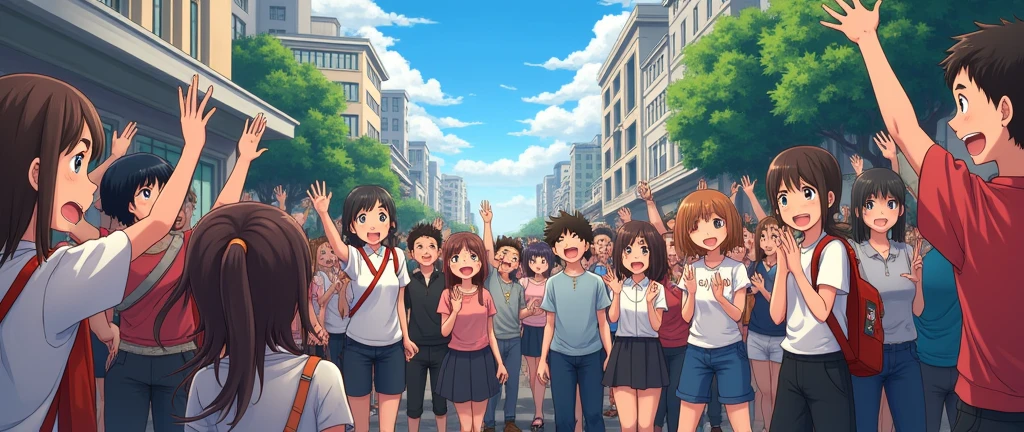 a street full of people cheering , facing the camera, standing at one side, a crowd cheering on a street, anime style , anime background, fantasy style,