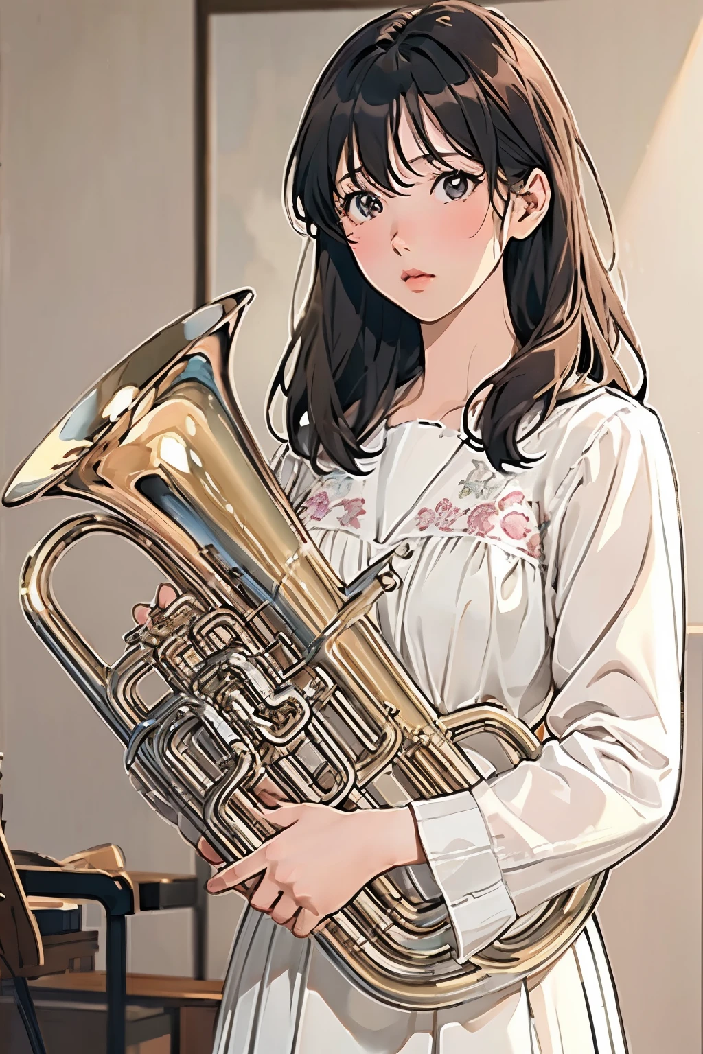 (masterpiece, Highest quality:1.2), (One Girl), play the euphonium, alone, (Draw the Euphonium Shape Accurately:1.4)、Standing、(From before)、In the uniform of Kitauji High School、(Blur the background)、Anime Art、4K、8k、wallpaper、