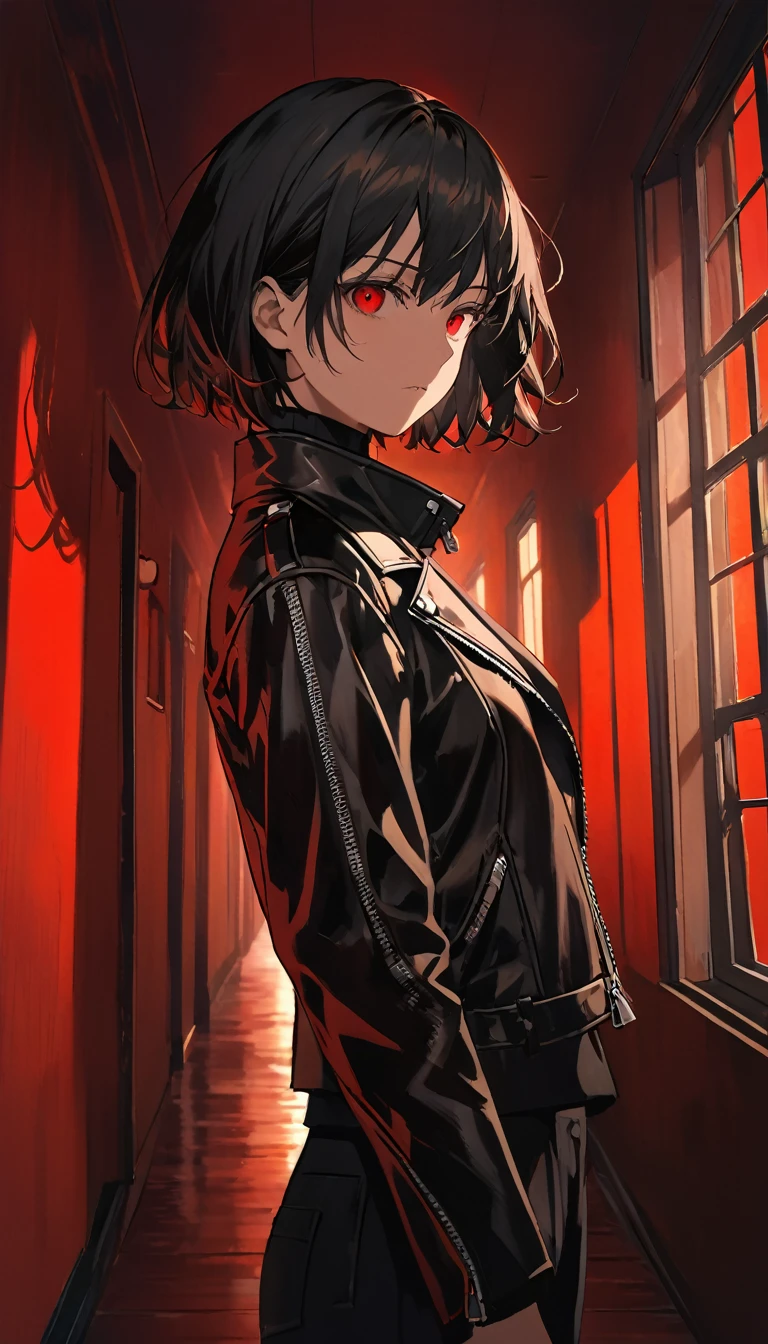 Anime girl with (short black hair:1.1), black turtleneck long sleeve, black format pants, leather jacket with zipper, (silhouetted against a red, window-lit hallway:1.3), mysterious aura, dramatic shading, high contrast, intense and somber mood, (text overlay: ".is you.":1.1), close up shot on person, psychological thriller vibe, bulging eyes, serious face, traumatized, woman with blood on her face, blood stains in clothes, she looking a mirror, (shadowed face with a hint of light on eyes:1.2), dark, suspenseful atmosphere. interrogation room,