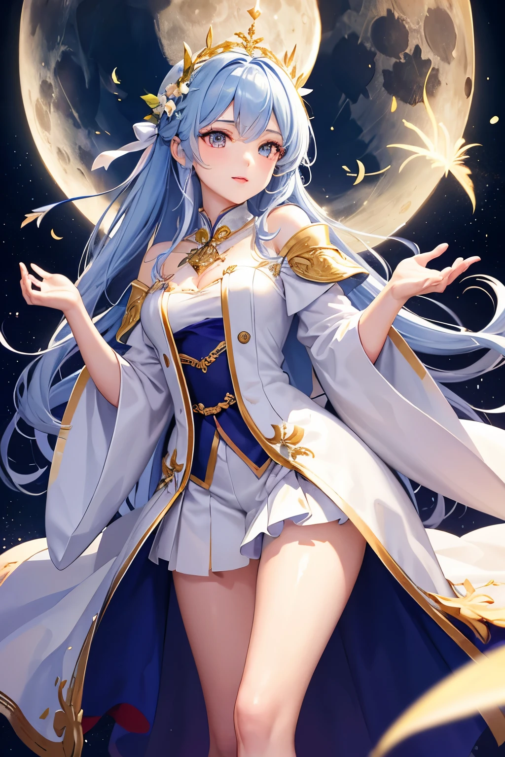 View of the world、Medieval European clothing、20Early 20s。woman
#### **1. Overall atmosphere**
- **tone:** In a calm atmosphere、A mysterious character who also possesses strength and kindness.。Overall simple、Elegant Design。
- **Color Palette:** The main colour is deep blue or navy blue.、Accented with white、Silver、Use gold color。hairの色はSilverがかったプラチナブロンド、pupilは澄んだ青色。
#### **2. 顔とhair**
- **Face shape:** Long and thin、Soft contours。Sharp cheeks and gentle jawline。
- **pupil:** 大きくて澄んだ青色のpupil。As the light and darkness blend together、Add gradients and subtle highlights。
- **expression:** 穏やかで落ち着いたexpression、A slightly ephemeral impression。When she smiles, she smiles modestly and softly.、A sharp gaze during battle。
- **hair:** Silverがかったプラチナブロンド、肩にかかる長さのストレートでやや波打ったhair。On the left side「Barrette of the Dawn」Keep、hairの一部を後ろに流してまとめる。hair飾りには小さな太陽と月のモチーフを追加。
#### **3. Clothing and equipment**
- **Robe:** 深い青や濃紺の冒険者Robe。Simple and easy to move design、袖口や裾にstarや月を象徴する模様。
- **Undershirt:** 白または薄いグレーのシャツをRobeの下に着用。The collar is small and simple。
- **shoes:** Leather traveler's boots。Deep brown or black in color、Fine scratches and fading are expressed to give the impression of wear and tear.。
- **accessories:** Silver色の「Barrette of the Dawn」(Decoration symbolizing light and darkness)、左手中指にシンプルなSilverの指輪。
#### **4. Posing and movement**
- **Still Pose:** Clench one hand lightly in front of your chest、The other hand holds a stick。Face looking slightly upwards、Smiling。
- **Combat pose:** Hold your cane in front of you、真剣なexpressionで敵を見据える。Robeが風でなびくように描き、Spread your legs and lower your center of gravity。
#### **5. backgroundと演出**
- **background:** Night sky and forest、Ancient ruins are appropriate。star々が輝く夜空をbackgroundに、Emphasizing the contrast between light and dark。
- **Special effects:** Creates an aura of light and darkness around you。The light is white and gold、Darkness is a purple or black shadow effect。
---
