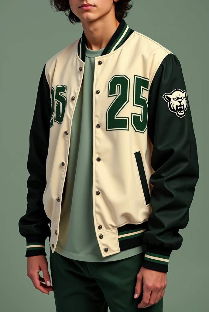 varsity jacket, very small touches of green for a school with the number 25 on the left arm and a small panther somewhere on the sleeve, that the sleeves are BLACK and the torso in cream color