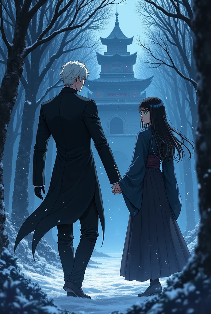 An anime version manga about an Assassin who falls in love with a princess who tells the legacy of the Queens and the Assassin who is at the height of Satoru Gojo with medium long white hair that has bangs and the black suit with a kimono and who is handsome, flexible, fast with green eyes, elegant, serious, respected, nice with the princess and the princess who is at the height of Tertin from Scissor Seven with long black and blue hair with blue eyes with a long and wide black dress with dark blue and who is happy, would be great, funny, intelligent, sad but elegant and that she is with the Assassin in a forest in the middle of the night and the forest that is surrounded by Assassins who want to kill them both and the forest that is dark with snow falling and that the Assassins have red eyes and that they look like demons and the princess and the Assassin who are fighting with the demonic Assassins and the princess who says this is your end and who is fighting with the Assassins and the Assassin who is killing the demons that are attacking the princess and that there is a big strong demon is about to hit the princess but the Assassin kills the demon and that says chapter 30 perdition and that the princess is about to fall and the Assassin grabs her and at that moment the princess&#39;s friend arrives who has been so handsome with yellow hair and that he is a samurai named senri and the three of them agree to see the demon and that the Assassin, the princess and the samurai are fighting with the other demons and that it looks like a good looking demon and that senri calls the assassin tezodo and that the princess is called Akira and is fighting with another female Assassin and that the cover says the legacy of the Queens and that the Assassin and the princess and the samurai and the king and the first princesses come out and behind them is a castle 
