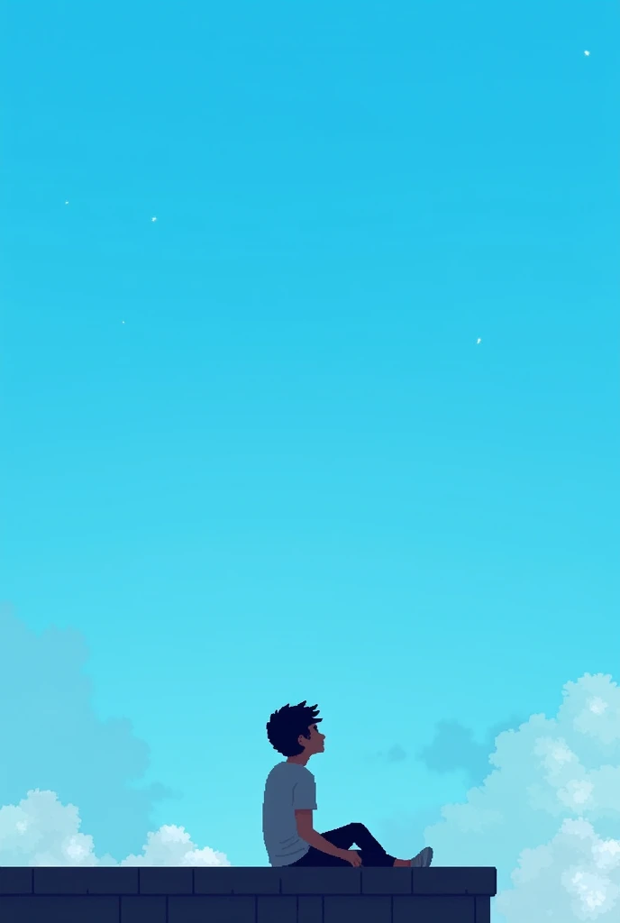 A age boy sitting on the roof of a building watching the blue sky, seen from behind in pixel art