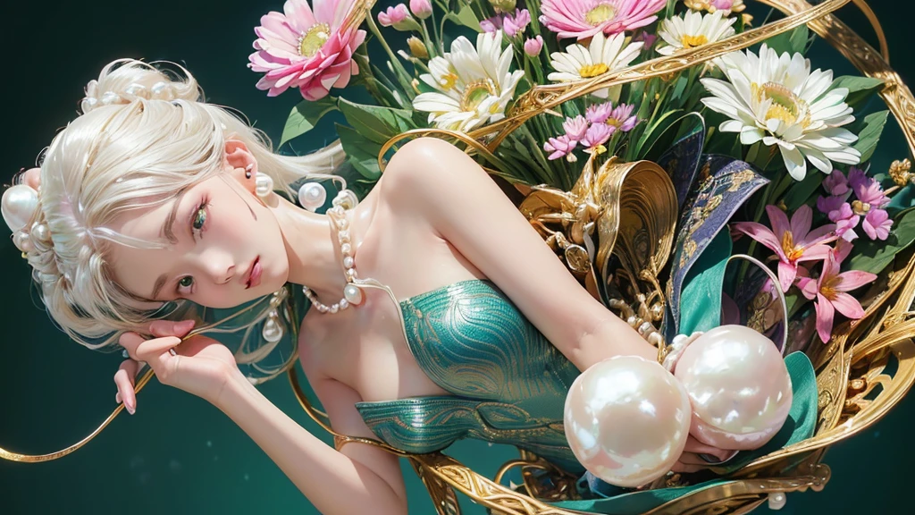 The girl has rabbit ears，white color hair，Carrying a basket of flowers，There is a little rabbit inside the flower basket，out in forest，the night，There are fireflies，8K