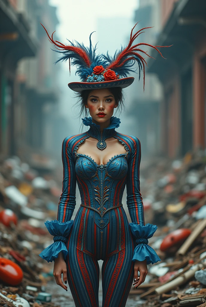 A woman in a blue and red circus costume and a blue and red two-pronged hat stands amidst a pile of garbage.