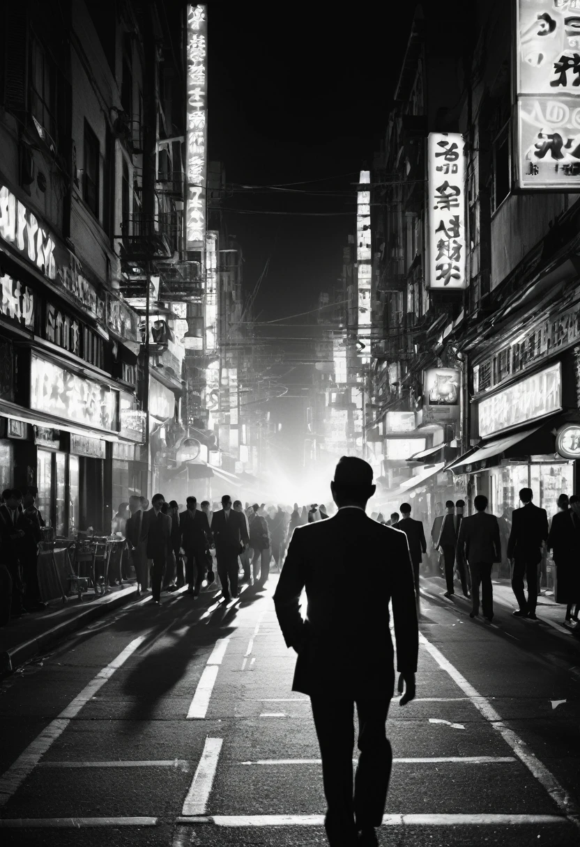 一张Double Exposure的照片,A man in a suit walks down a neon-lit street, Busy Street, crowd, (Sunny 4pm: 1.3), Movie Lighting, (Double Exposure: 1.5), Camera flash, Shutter resistance, Motion Blur, lens flare, (graflex speed graph: 1.4), Street Photography, Magnum, Film Grain, black and white, Bruce Gilden Style