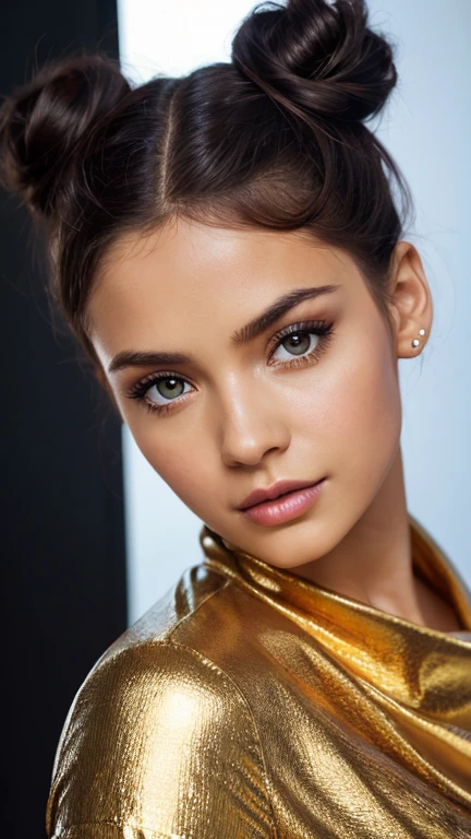 Foto RAW, 2 Brazilian, dark make-up, hyperdetailed photograph, smooth light, Portrait of head and shoulders, extremely detaild, incredible, fine-details, absurdrez, mulher linda perfeita extremely detaild, olhos e rosto extremamente symmetrical, extremely detailds, symmetrical, sharp piercing eyes lumen lighting, detailed clothing, smooth and glowing thin skin, subsurface brightness, Nikon D850 4 Camera Kodak Portra 400 Lens F1 Photography Film.6 Rich Colors Hyper-realistic Texture Realistic Lighting Dramatic Trending from Unreal Engine in Artstation Cinestill 800 Tungsten, Style-Neeko , (Good Heart: 0.7), (modest: 0.8 ), glad, excitado, parted lips, close portrait style-magic swirl ,double bun, bangss, volantes, overskirt, Red hair