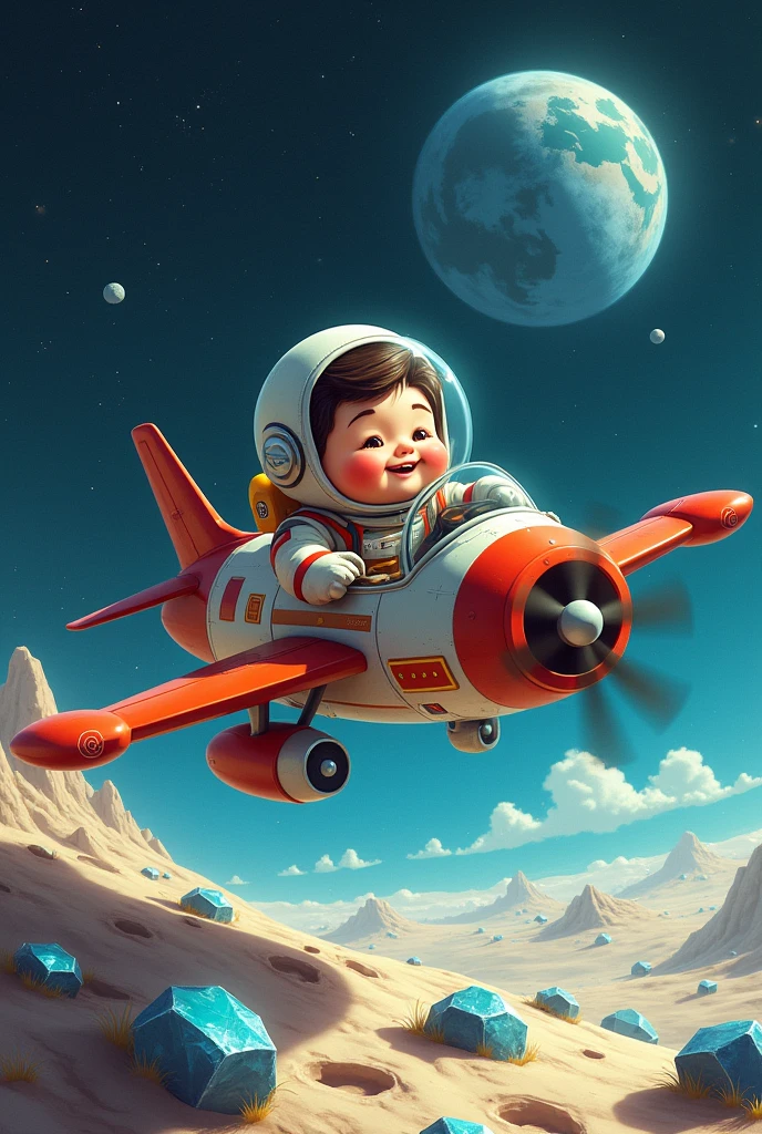 Draw me a picture , The chubby boy is an astronaut who flies a plane into space., landing on the moon, pick up diamonds